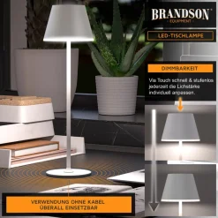 Brandson LED Tischleuchte mit Akku, Kabellos, mit Touch, Helligkeit stufenlos dimmbar, aus Metal, Dimmfunktion; Ein-/Ausschalter; Farbwechsel; mehrere Helligkeitsstufen, LED fest integriert, Kaltweiß, Neutralweiß, Warmweiß, Tischlampe, Nachttischlampe, Les
