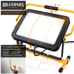 Brandson 100 Watt LED Baustrahler - Arbeitsscheinwerfer - Bauscheinwerfer - 126 SMD LEDs - Standgestell und Tragegriff - 10000 Lumen - 4 m Stromkabel