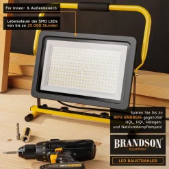 Brandson 200W LED Baustrahler - Arbeitsscheinwerfer - Bauscheinwerfer - Standgestell und Tragegriff - 16000 Lumen - 4 m Stromkabel - Metallgehäuse