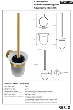 Brillantbad BABLO WC-Bürstengarnitur Messing Gold matt Milchglas 140x95x370 mm für Bad & WC >> zum Bohren oder Kleben*
