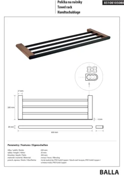 Brillantbad BALLA Handtuchablage Messing Schwarz Kupfer 600x20x200 mm für Bad & Küche >> zum Bohren