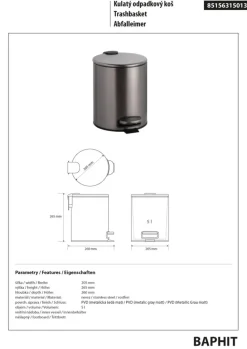 Brillantbad BAPHIT Abfalleimer Edelstahl Metallic Grau matt 260x205x265 mm, 5 Ltr für Bad & WC >> Freistehend anwendbar
