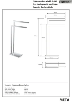 Brillantbad META Handtuchständer doppelt Messing Chrom 400x150x800 mm für Bad & WC >> Freistehend anwendbar