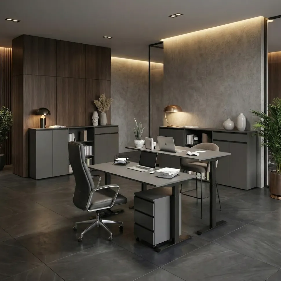 Büromöbel Set 2-teilig | Schreibtisch 140x80cm & Rollcontainer Graphit | Einstellbar 68-91 cm & Soft-Close