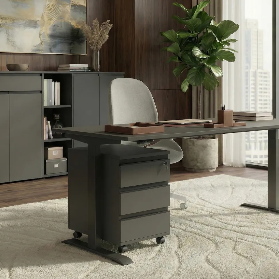 Büromöbel Set 2-teilig | Schreibtisch 140x80cm & Rollcontainer Graphit | Einstellbar 68-91 cm & Soft-Close