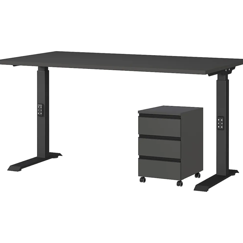 Büromöbel Set 2-teilig | Schreibtisch 140x80cm & Rollcontainer Graphit | Einstellbar 68-91 cm & Soft-Close