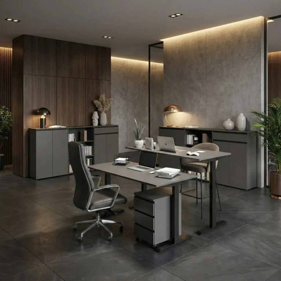 Büromöbel Set 2-teilig | Schreibtisch 140x80cm & Rollcontainer Graphit | Einstellbar 68-91 cm & Soft-Close