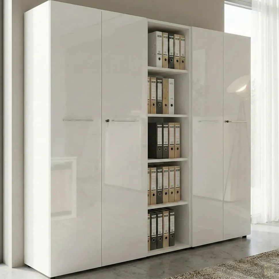 Büro-Set MUENCHEN 8-teilig Weiß | Glas & Abschließbar & Soft-Close