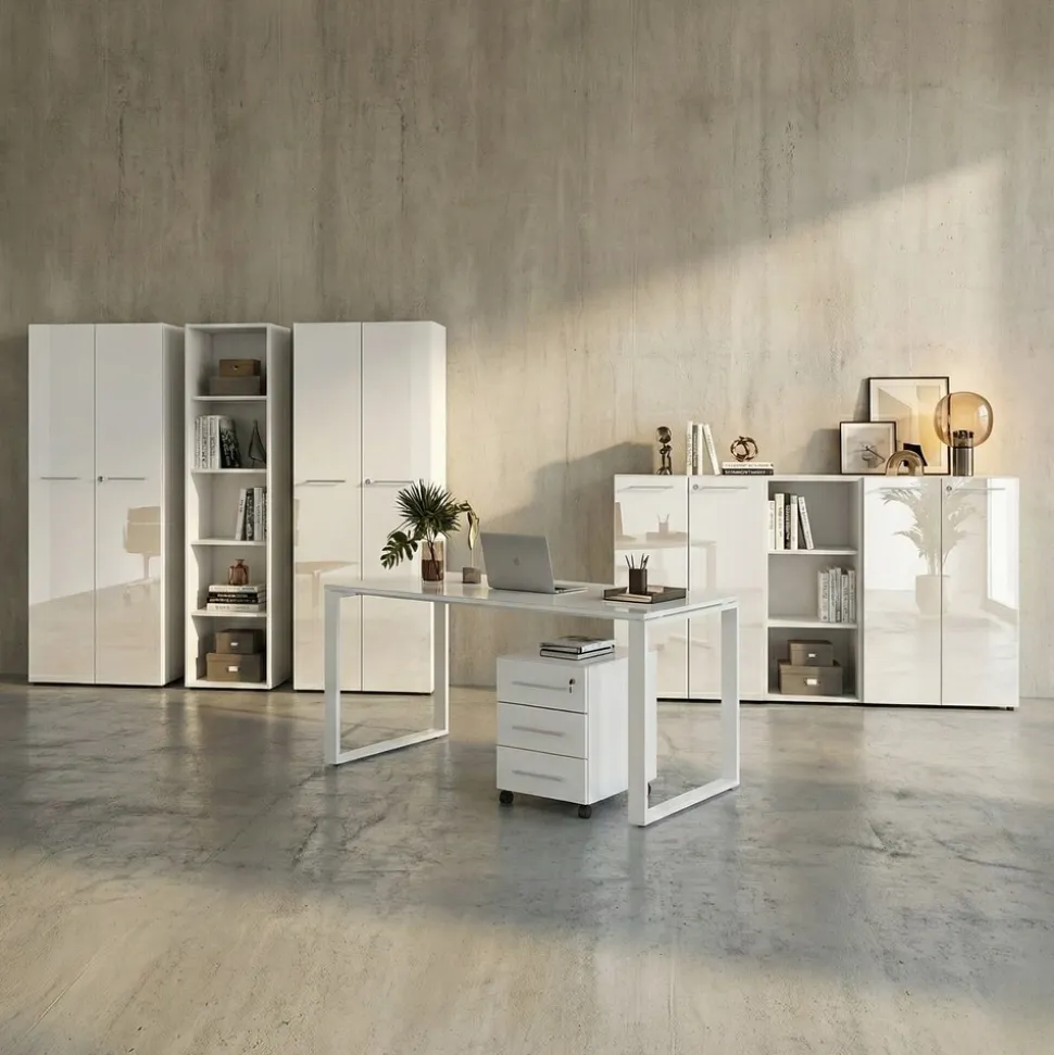 Büro-Set MUENCHEN 8-teilig Weiß | Glas & Abschließbar & Soft-Close