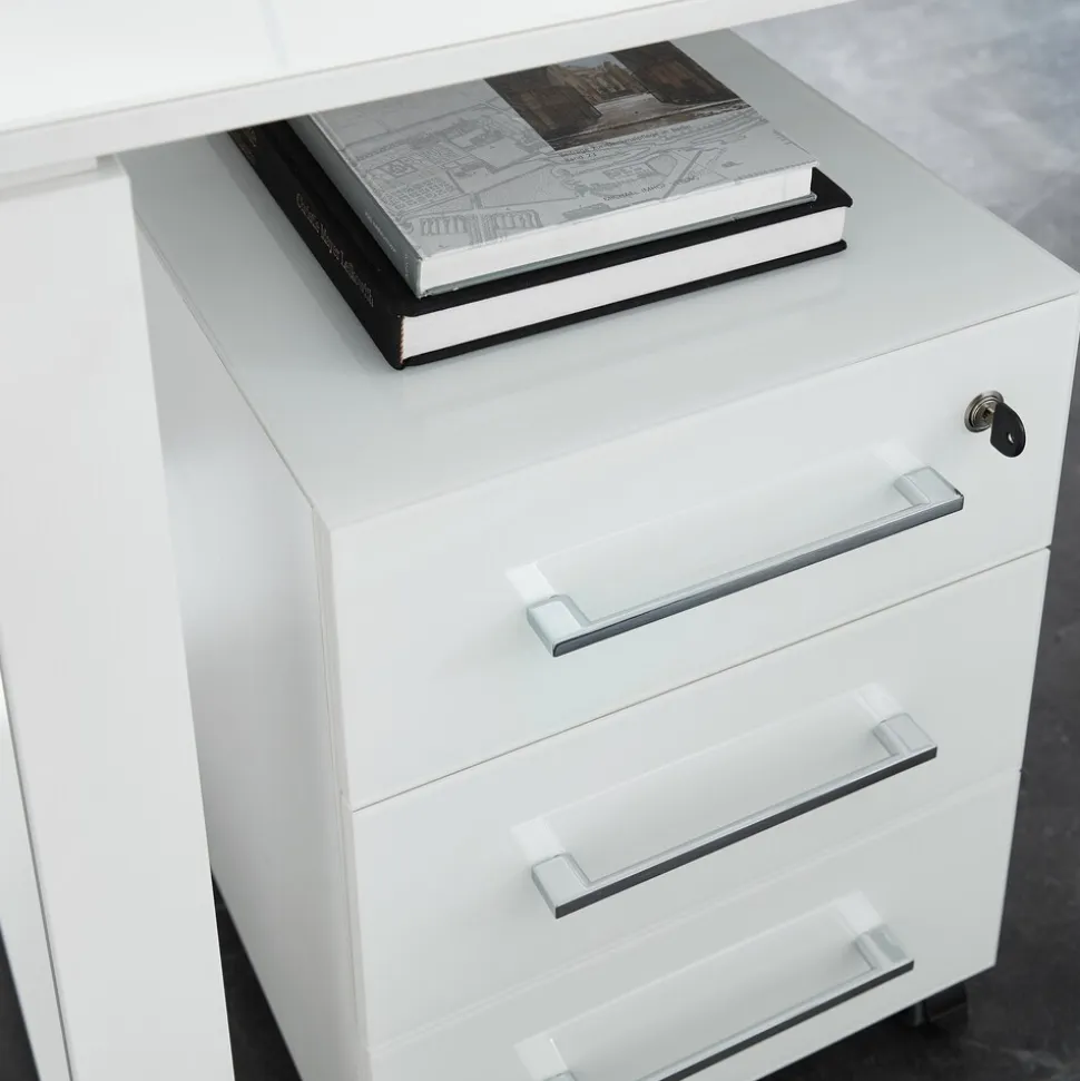 Büro-Set MUENCHEN 8-teilig Weiß | Glas & Abschließbar & Soft-Close