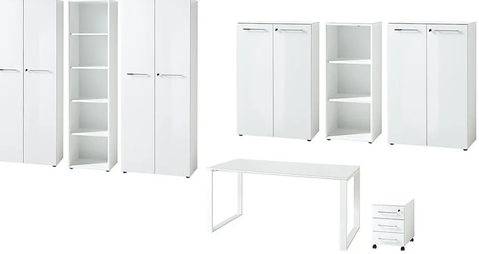 Büro-Set MUENCHEN 8-teilig Weiß | Glas & Abschließbar & Soft-Close
