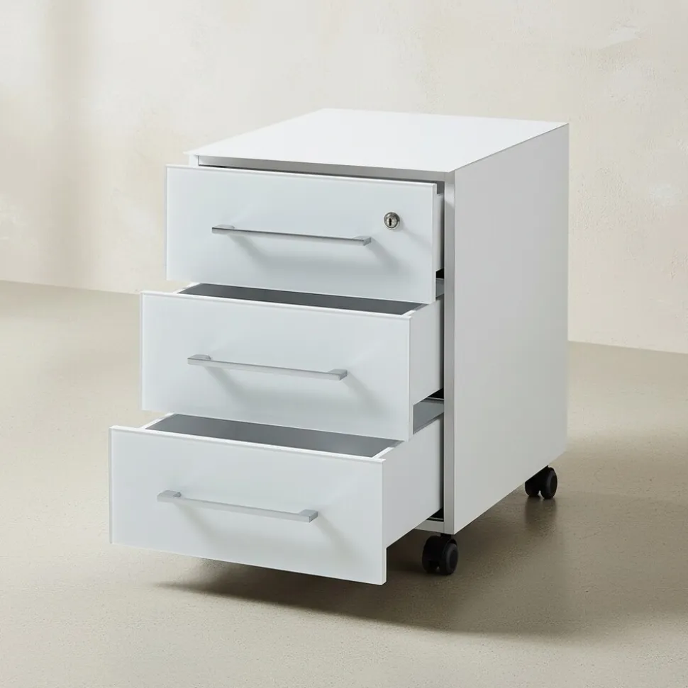 Büro-Set MUENCHEN 8-teilig Weiß | Glas & Abschließbar & Soft-Close