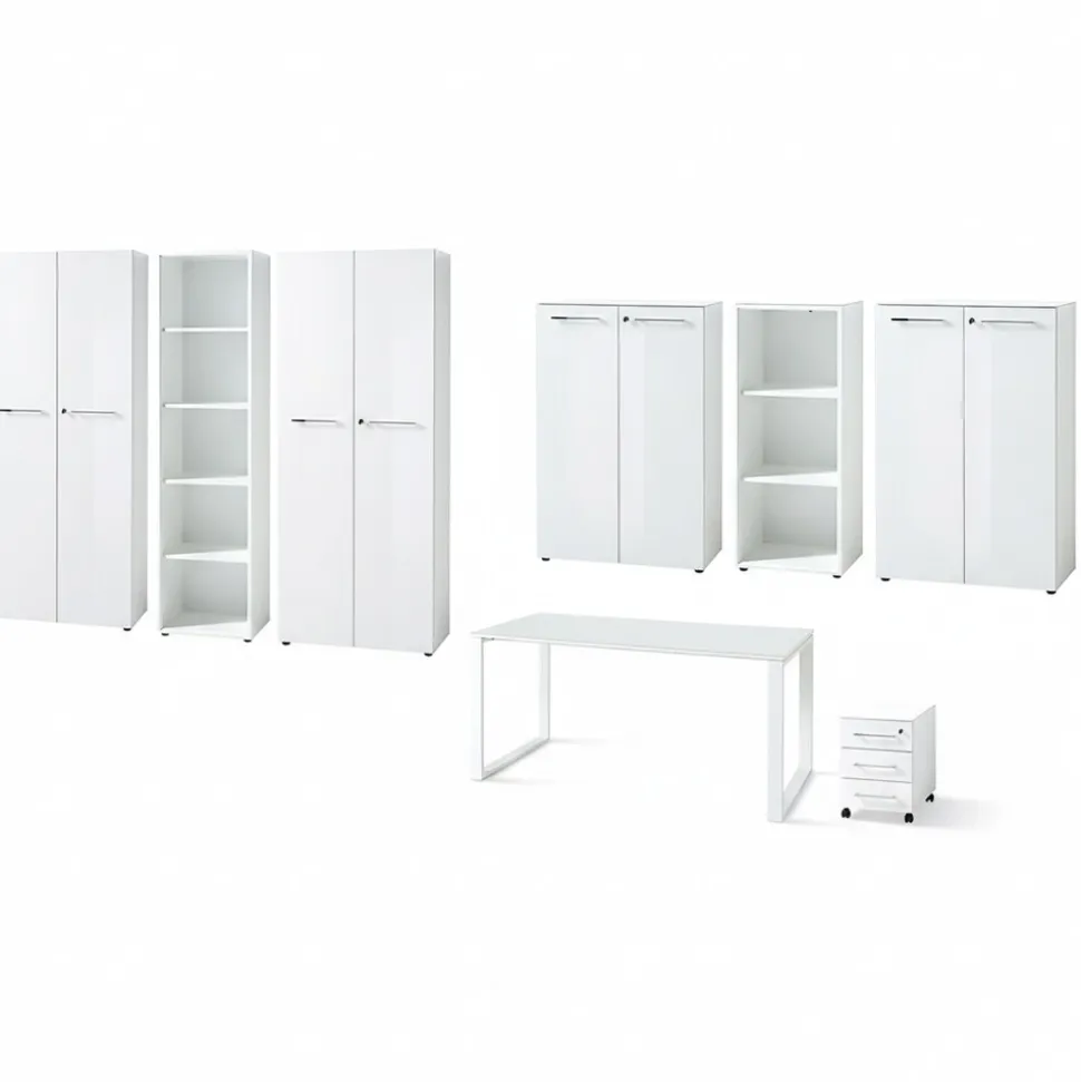 Büro-Set MUENCHEN 8-teilig Weiß | Glas & Abschließbar & Soft-Close