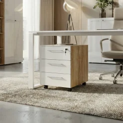 Büro-Set MUENCHEN 3-tlg | Schreibtisch, Schrank, Container | Glasfront | Chalet-Eiche-Nb./Weiß