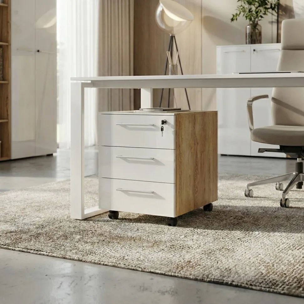 Büro-Set MUENCHEN 3-tlg | Schreibtisch, Schrank, Container | Glasfront | Chalet-Eiche-Nb./Weiß