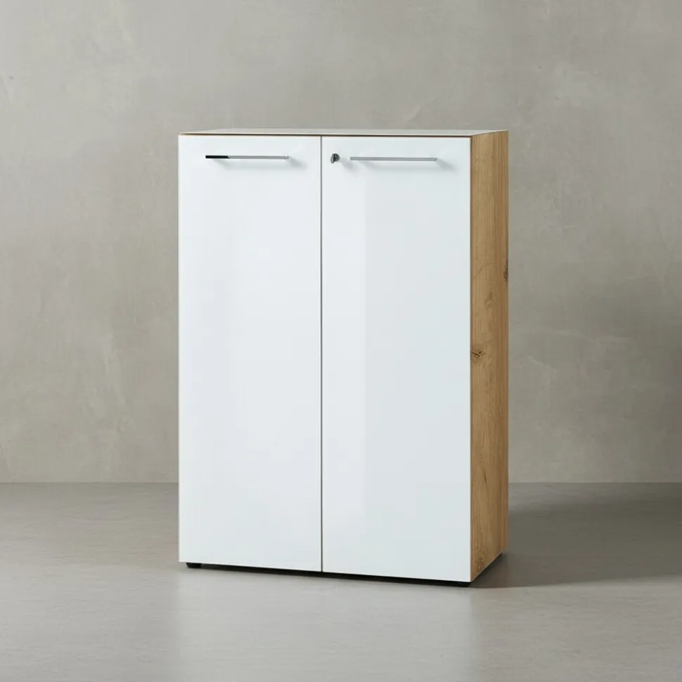Büro-Set MUENCHEN 3-tlg | Schreibtisch, Schrank, Container | Glasfront | Chalet-Eiche-Nb./Weiß