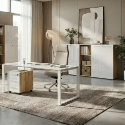 Büro-Set MUENCHEN 3-tlg | Schreibtisch, Schrank, Container | Glasfront | Chalet-Eiche-Nb./Weiß