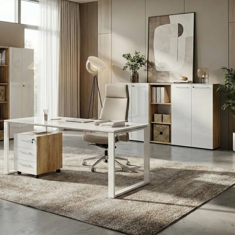 Büro-Set MUENCHEN 3-tlg | Schreibtisch, Schrank, Container | Glasfront | Chalet-Eiche-Nb./Weiß