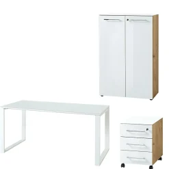 Büro-Set MUENCHEN 3-tlg | Schreibtisch, Schrank, Container | Glasfront | Chalet-Eiche-Nb./Weiß
