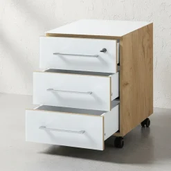 Büro-Set MUENCHEN 3-tlg | Schreibtisch, Schrank, Container | Glasfront | Chalet-Eiche-Nb./Weiß