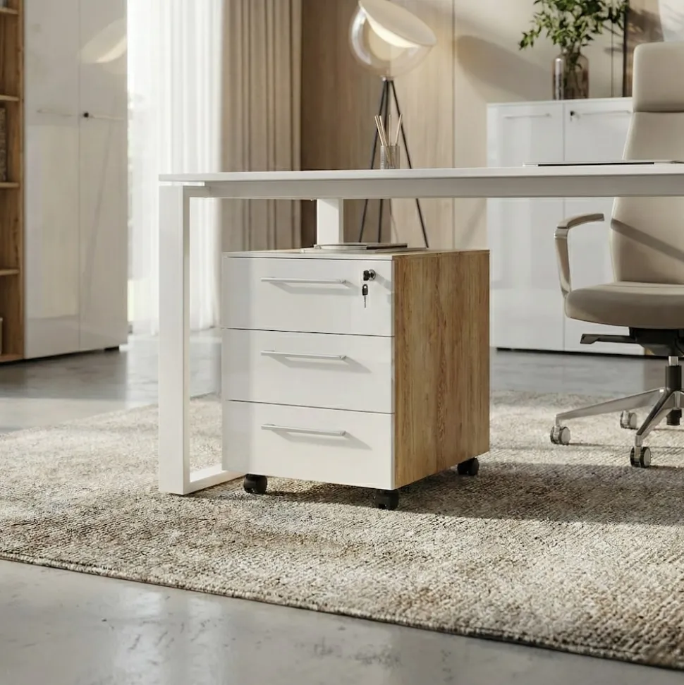 Büro-Set MUENCHEN 3-tlg | Schreibtisch, Schrank, Container | Glasfront | Chalet-Eiche-Nb./Weiß