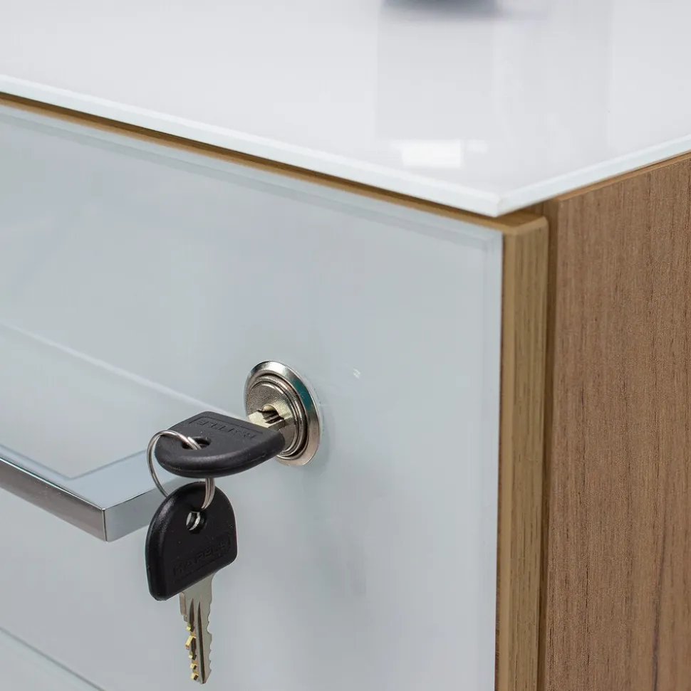 Büro-Set MUENCHEN 3-tlg | Schreibtisch, Schrank, Container | Glasfront | Chalet-Eiche-Nb./Weiß