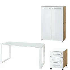 Büro-Set MUENCHEN 3-tlg | Schreibtisch, Schrank, Container | Glasfront | Chalet-Eiche-Nb./Weiß