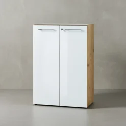 Büro-Set MUENCHEN 3-tlg | Schreibtisch, Schrank, Container | Glasfront | Chalet-Eiche-Nb./Weiß
