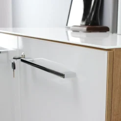 Büro-Set MUENCHEN 3-tlg | Schreibtisch, Schrank, Container | Glasfront | Chalet-Eiche-Nb./Weiß