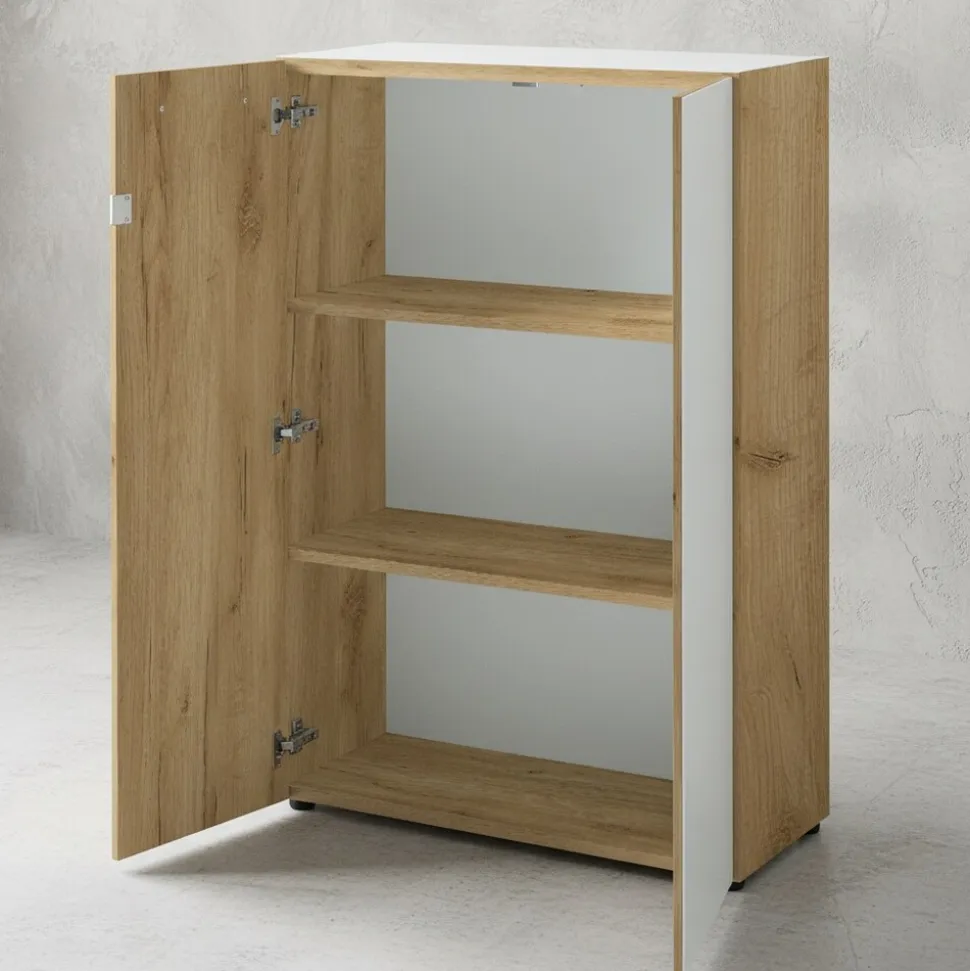 Büro-Set MUENCHEN 3-tlg | Schreibtisch, Schrank, Container | Glasfront | Chalet-Eiche-Nb./Weiß