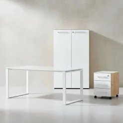 Büro-Set MUENCHEN 3-tlg | Schreibtisch, Schrank, Container | Glasfront | Chalet-Eiche-Nb./Weiß