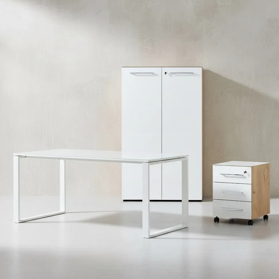 Büro-Set MUENCHEN 3-tlg | Schreibtisch, Schrank, Container | Glasfront | Chalet-Eiche-Nb./Weiß