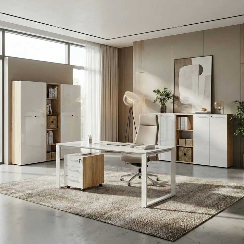 Büro-Set MUENCHEN 3-tlg | Schreibtisch, Schrank, Container | Glasfront | Chalet-Eiche-Nb./Weiß