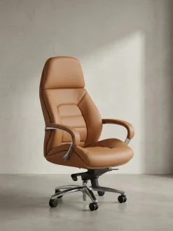 Bürostuhl Echtleder bis 120kg mit Wippmechanik, Armlehnen und hoher Rückenlehne, Beige 67x67x137 cm