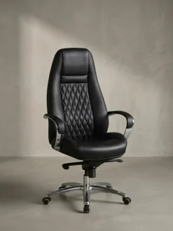 Bürostuhl Echtleder mit hoher Rückenlehne und Kopfstütze AUSTIN, Schwarz 70x68x130 cm