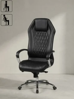 Bürostuhl Echtleder mit hoher Rückenlehne und Kopfstütze MONTEREY, Schwarz 70x67x136 cm