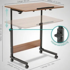 Büro- und Beistelltisch, höhenverstellbar 65,5-90 cm, mit Rollen, Holz-Optik