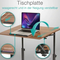 Büro- und Beistelltisch, höhenverstellbar 65,5-90 cm, mit Rollen, Holz-Optik