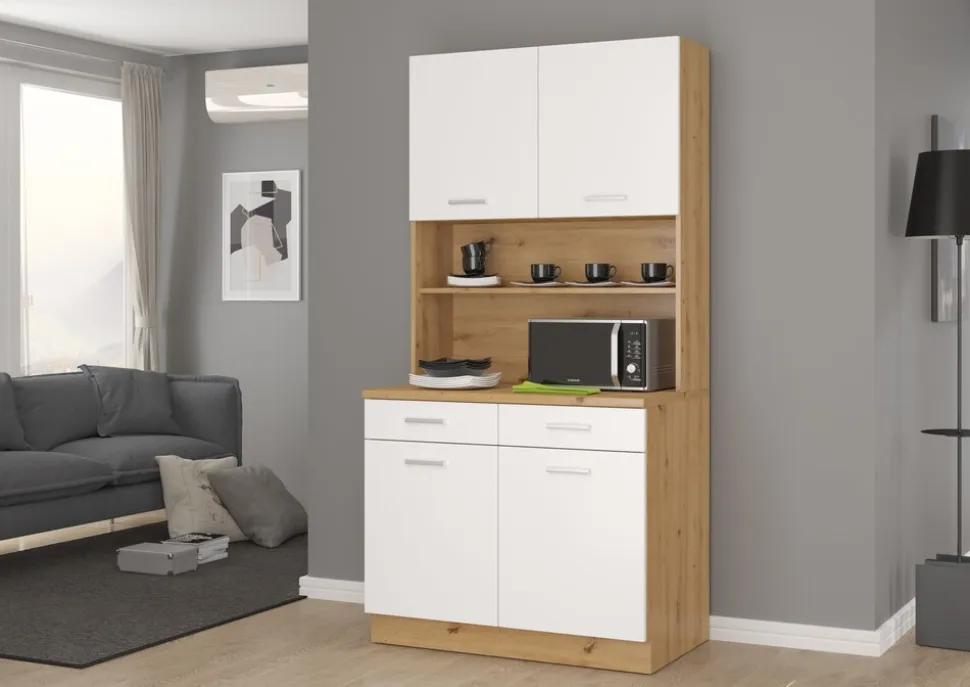 Buffet Küche Mario 100cm Küchenzeile Küchenblock Einbauküche Weiss Eiche Artisan