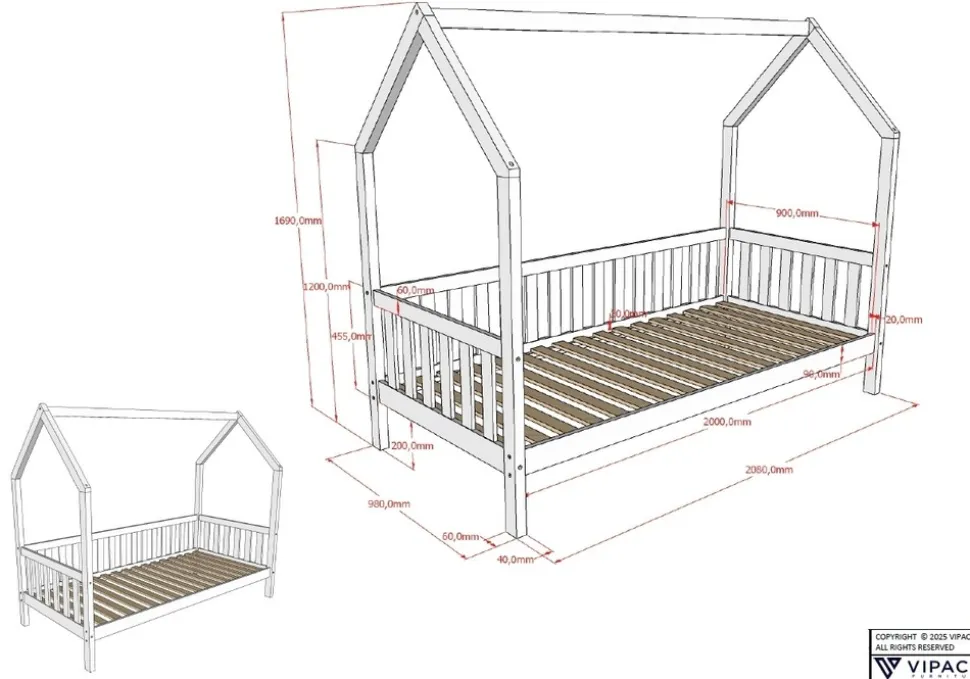 CABANE Hausbett 90x200 cm und seitlicher Umrandung, Eiche massiv Eiche natur