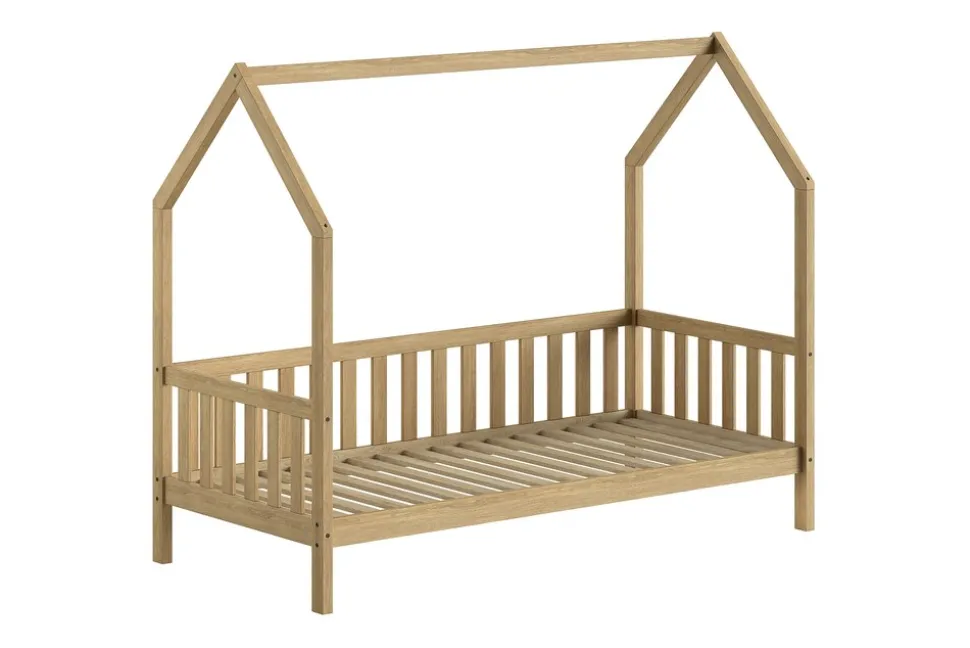 CABANE Hausbett 90x200 cm und seitlicher Umrandung, Eiche massiv Eiche natur
