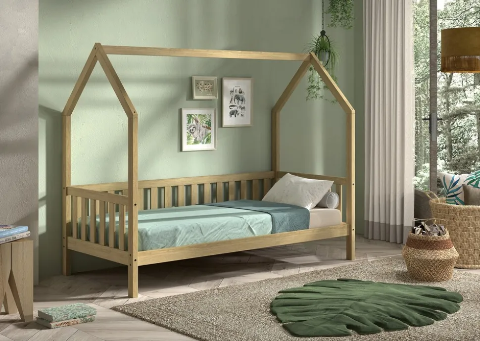 CABANE Hausbett 90x200 cm und seitlicher Umrandung, Eiche massiv Eiche natur