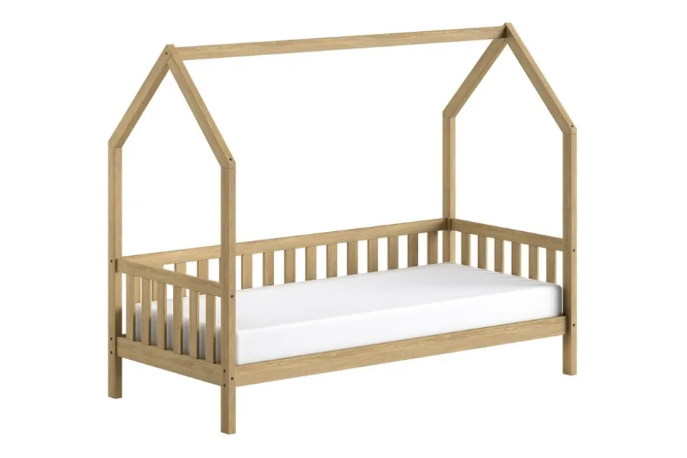 CABANE Hausbett 90x200 cm und seitlicher Umrandung, Eiche massiv Eiche natur