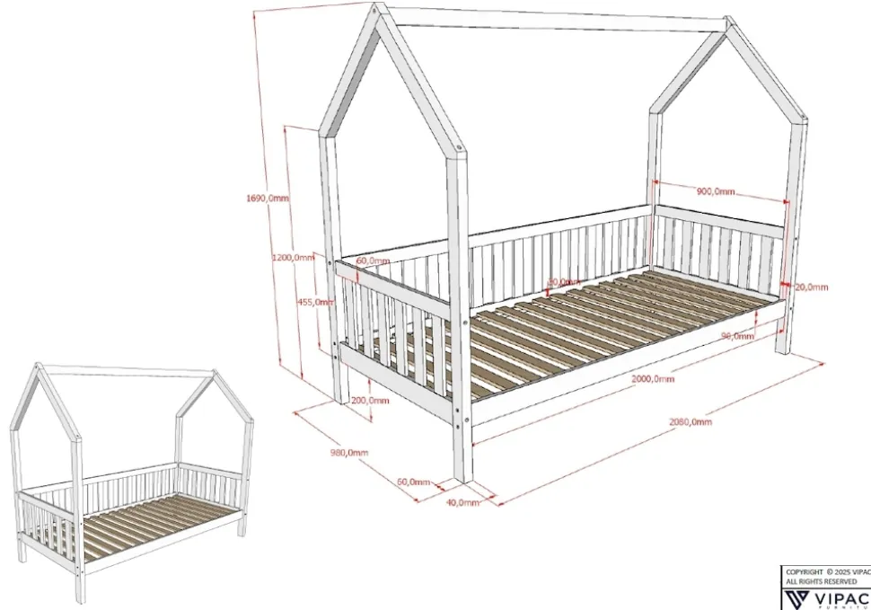 CABANE Hausbett 90x200 cm und seitlicher Umrandung, Kiefer massiv natur