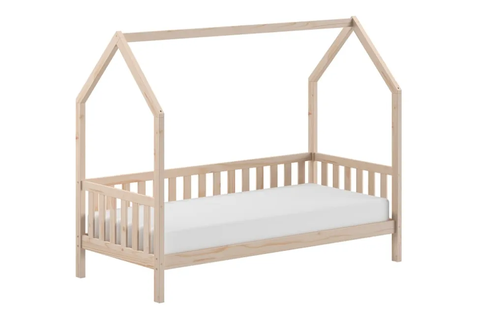 CABANE Hausbett 90x200 cm und seitlicher Umrandung, Kiefer massiv natur