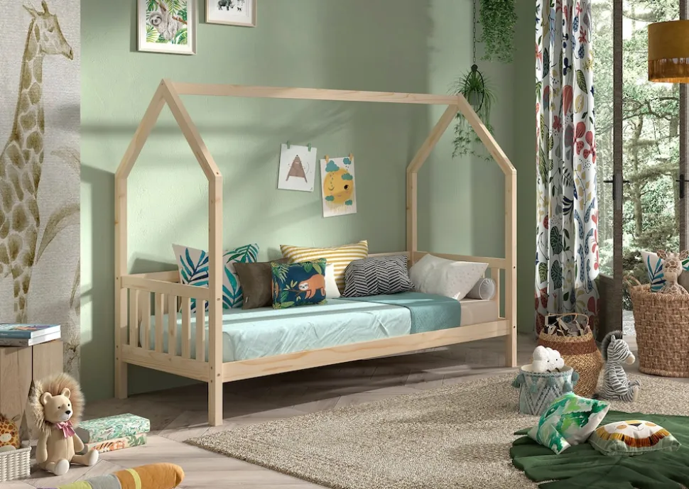 CABANE Hausbett 90x200 cm und seitlicher Umrandung, Kiefer massiv natur
