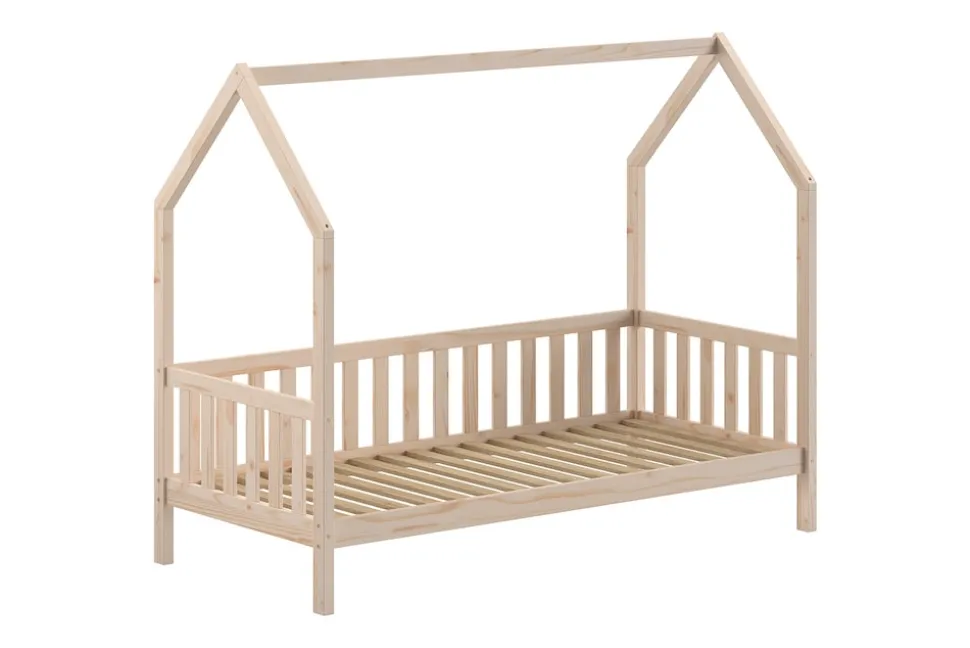 CABANE Hausbett 90x200 cm und seitlicher Umrandung, Kiefer massiv natur
