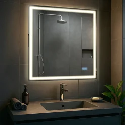 CLP Badspiegel Jaffrey mit Beleuchtung, Bluetooth-Lautsprecher, Anti-Beschlag, Wandspiegel Quer- und Hochformat, LED dimmbar, 3 Licht-Modi