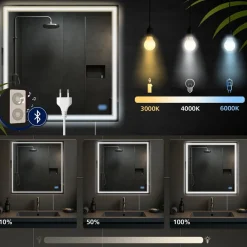CLP Badspiegel Jaffrey mit Beleuchtung, Bluetooth-Lautsprecher, Anti-Beschlag, Wandspiegel Quer- und Hochformat, LED dimmbar, 3 Licht-Modi