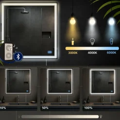 CLP Badspiegel Jaffrey mit Beleuchtung, Bluetooth-Lautsprecher, Anti-Beschlag, Wandspiegel Quer- und Hochformat, LED dimmbar, 3 Licht-Modi
